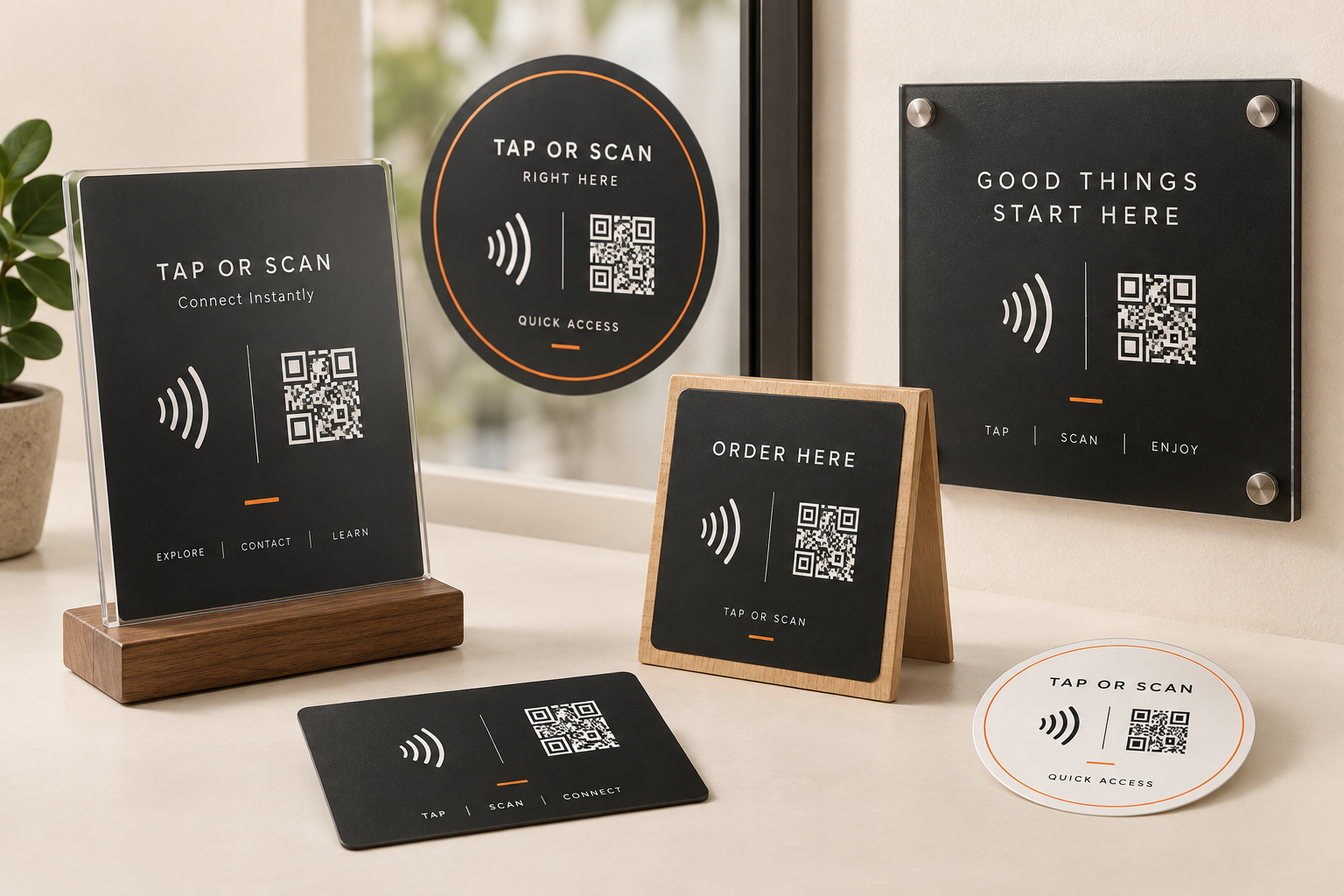 Tapello countertop signs, window decals, smart cards and stickers