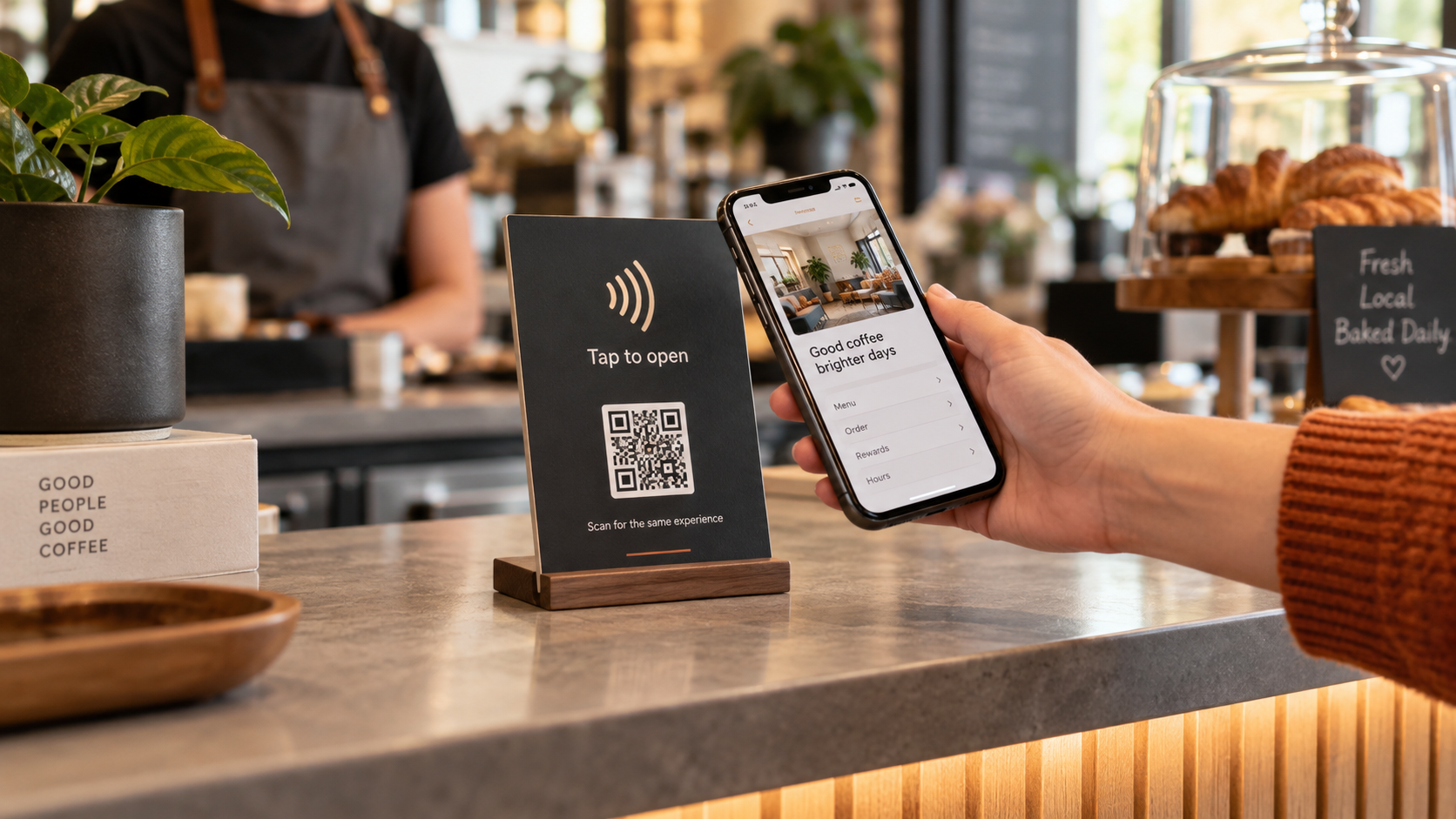 A customer tapping a phone on a Tapello countertop sign
